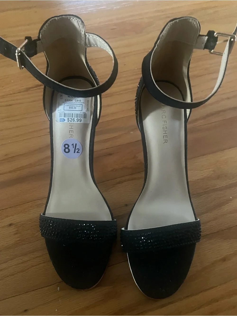 Marc Fisher Black Sparkly Ankle Strap Heels Sandals Size 8.5